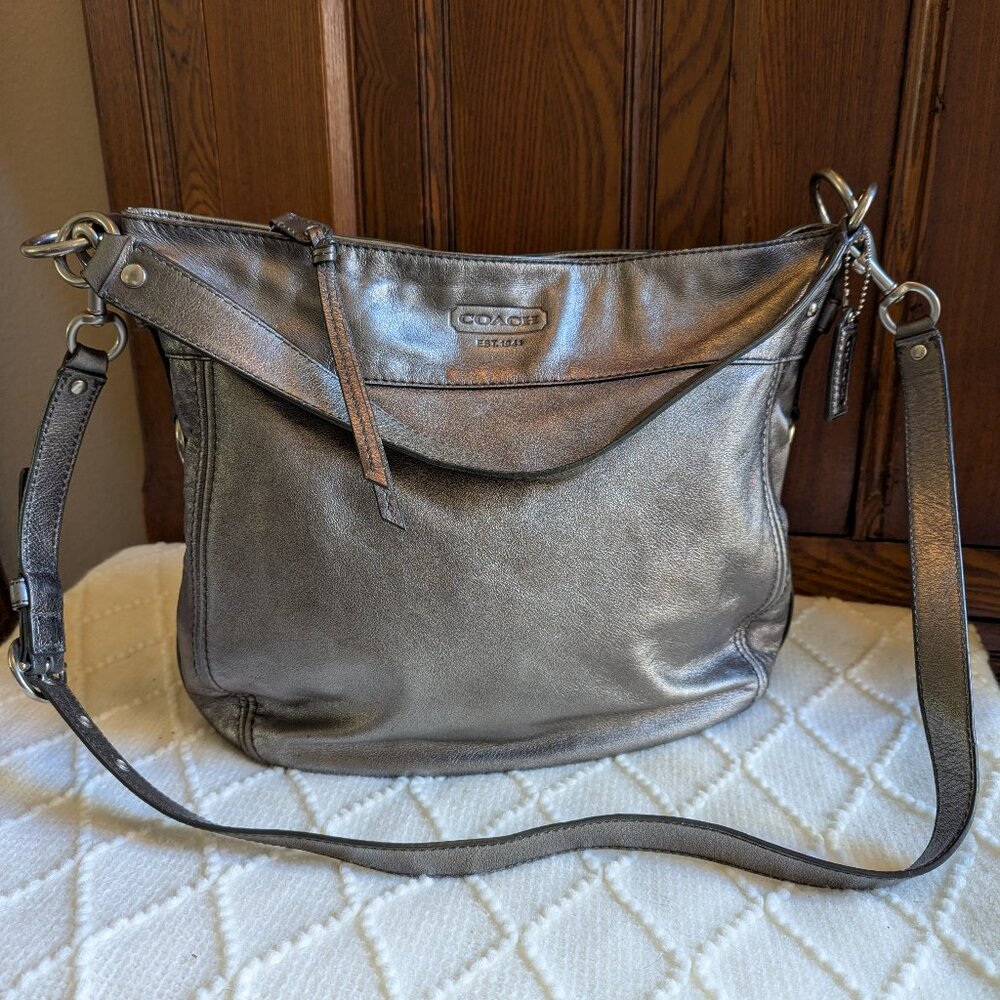 Coach Silver Gray Metallic Leather Purse Zoe hobo bag -F14706